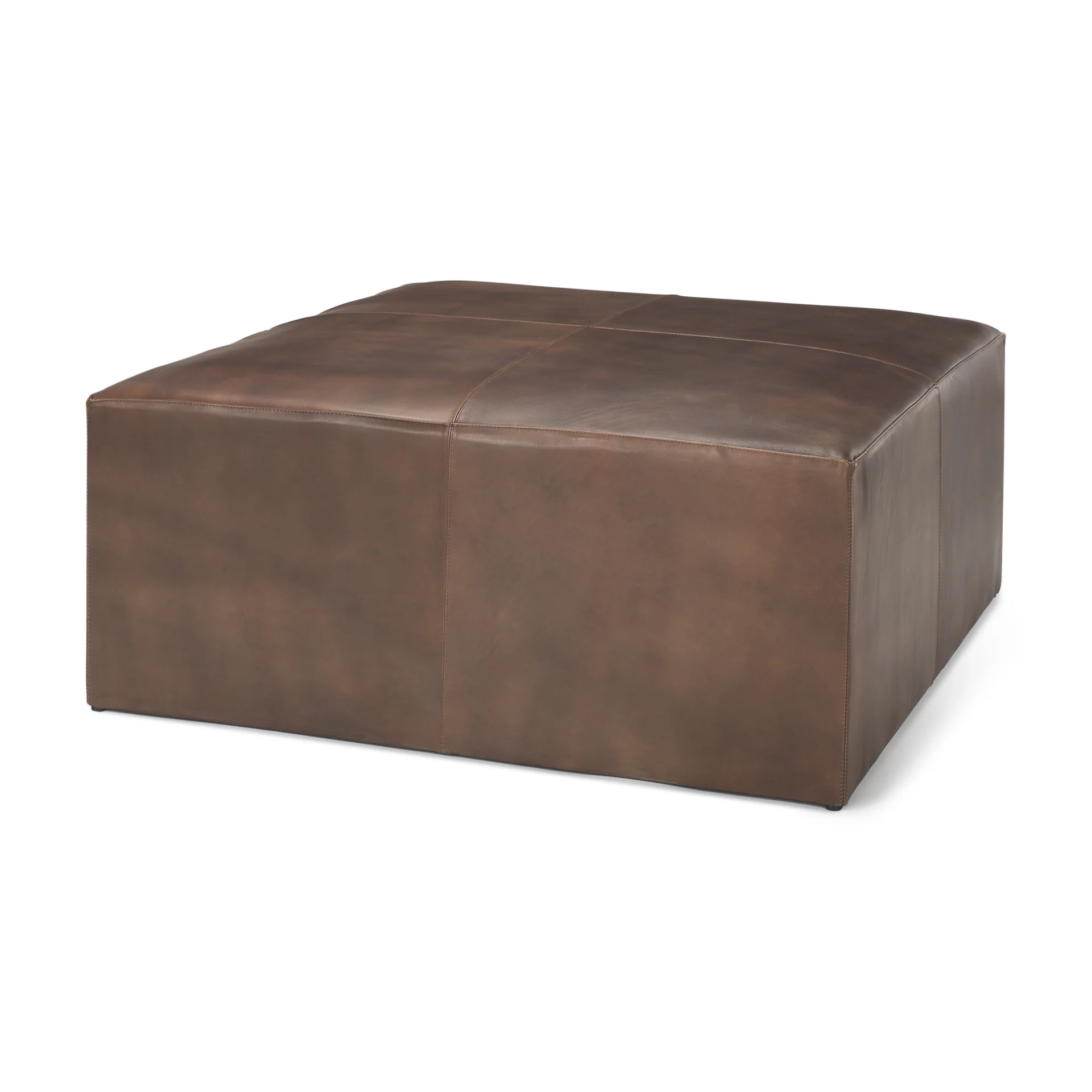 Reusable Minara Square Brown Leather Wrapped w Wood Base Ottoman Safe