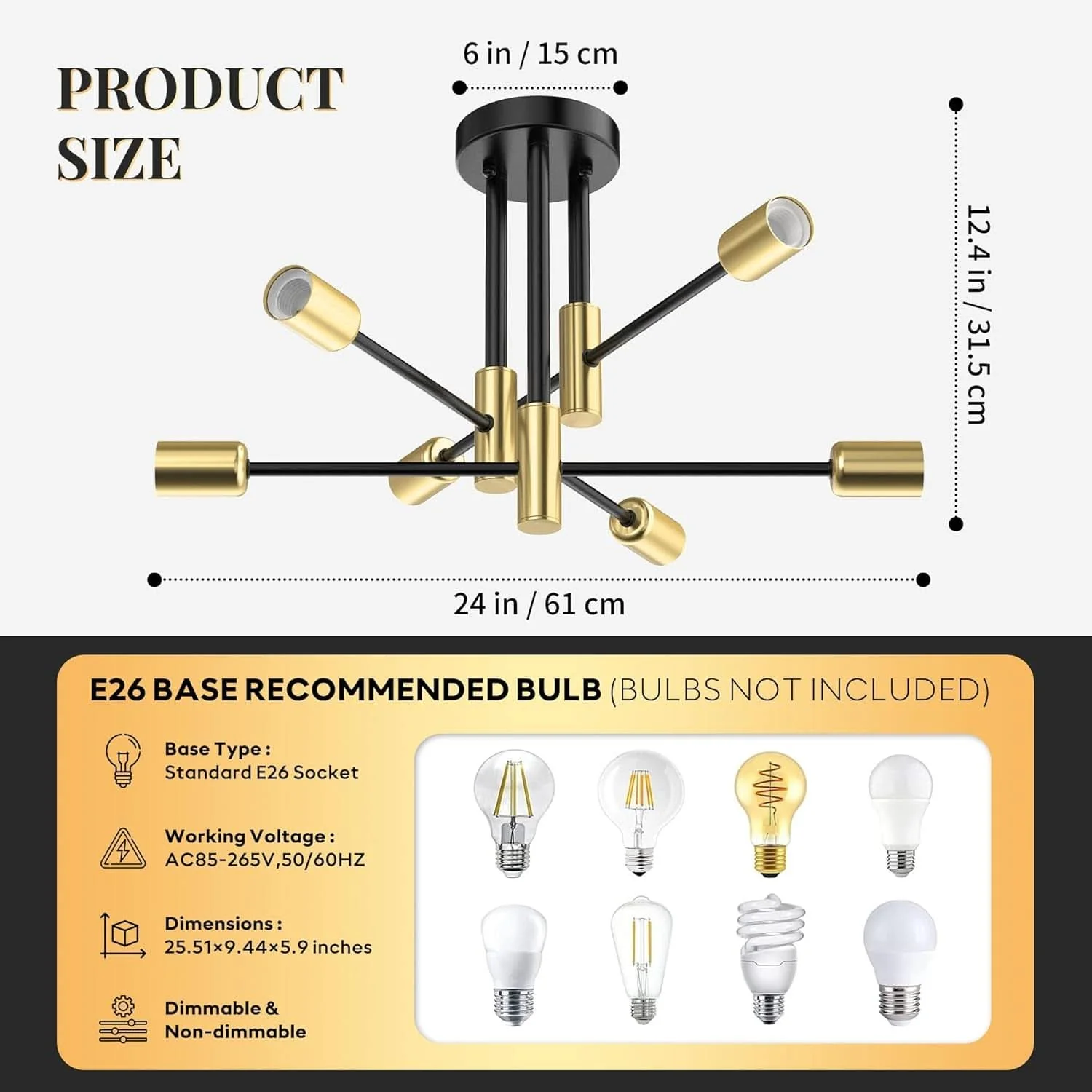 Traditional Modern Sputnik Chandelier Ceiling Light 6 Lights Black Certified