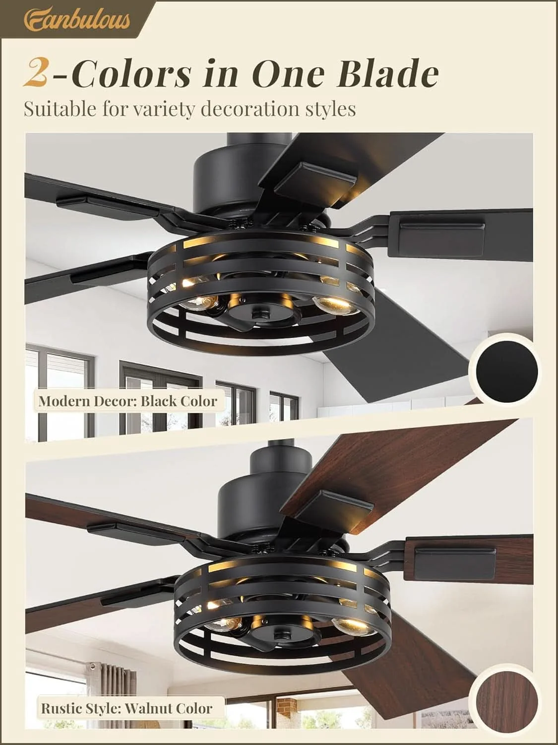 Quality 42 Inch Rustic Black Farmhouse Ceiling Fans Remote Control Smooth