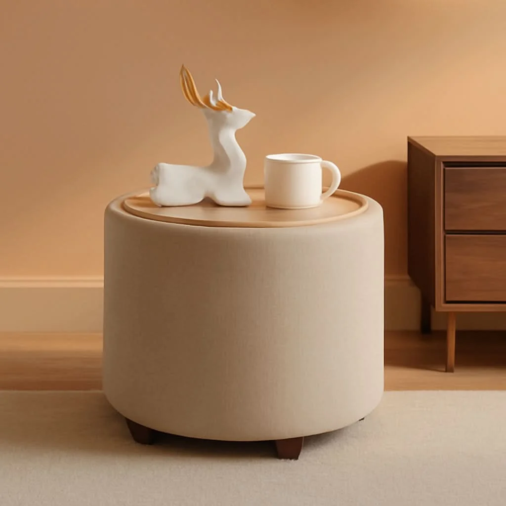 Functional Linen Beige Architectural Storage Ottoman With Lid Luxury