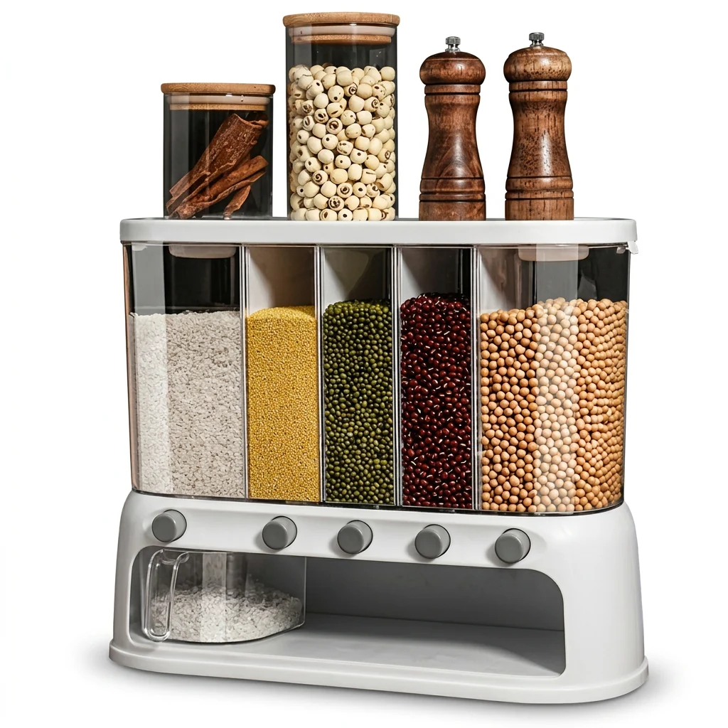Specialty 5-Compartment Grain Dispenser Keeps Ce Rice Fresh High-Performance