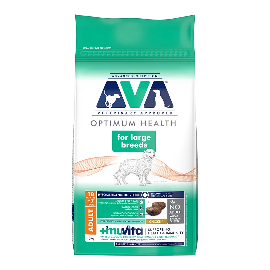 Authentic AVA Optimum Health Large Breed Adult Dry Dog Food Chicken 15kg Convenient