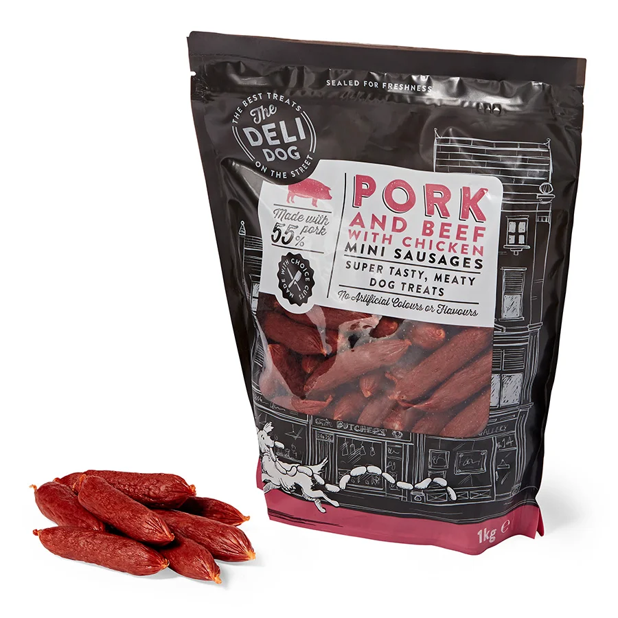 Contemporary The Deli Dog Mini Sausages Treats Pork， Beef with Chicken 1kg Solid