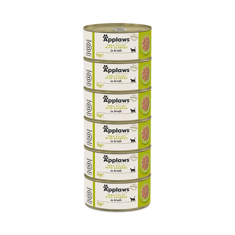 Trusted Applaws Natural Wet Adult Cat Food Tuna Fillet with Seaweed in Broth 6x70g Tins Fine Crafted