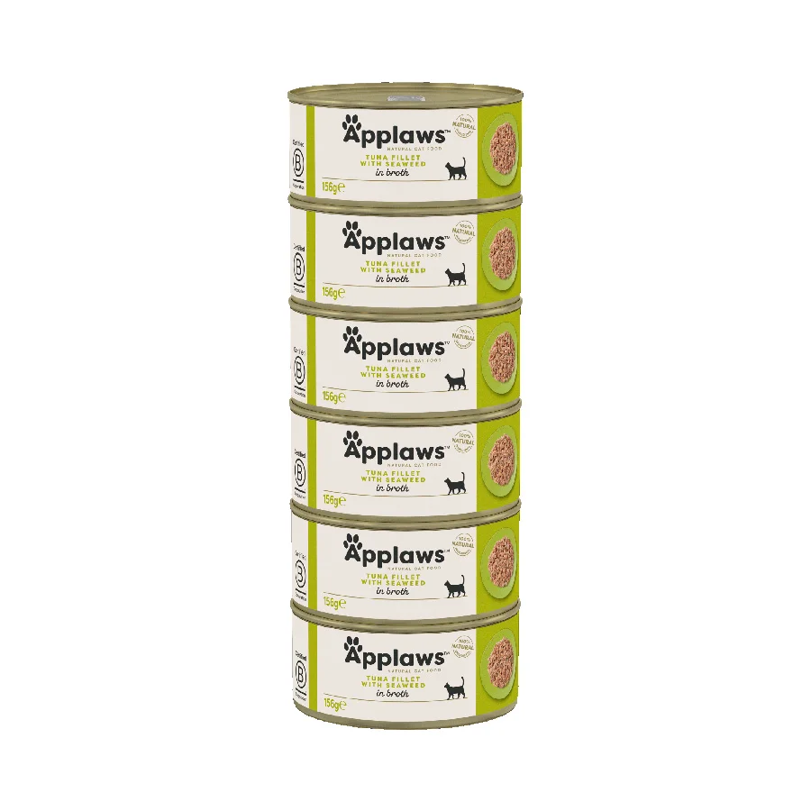 Organic Applaws Natural Wet Adult Cat Food Tuna with Seaweed in Broth 6x156g Tins Professional