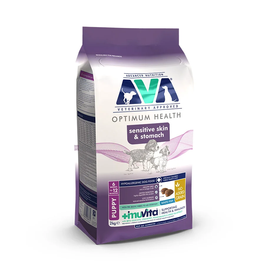 Exceptional AVA Sensitive Skin Stomach Puppy Dry Dog Food White Fish 2kg Lightweight