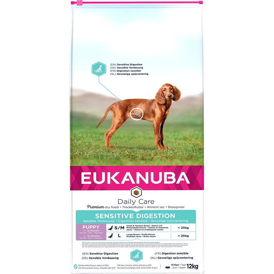 Green Eukanuba Daily Care Sensitive Digestion Puppy Dry Dog Food Chicken 12kg Eco-Friendly