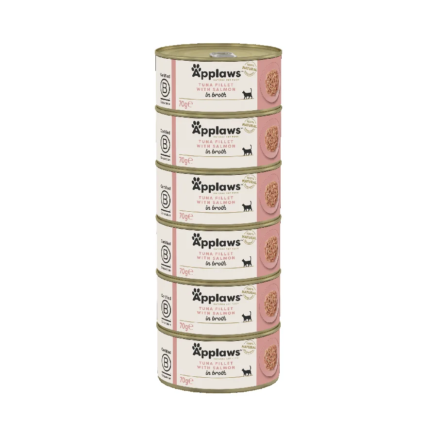 Soft Applaws Natural Wet Cat Food Tuna Fillet with Salmon in Broth 6x70g Tins Detailed