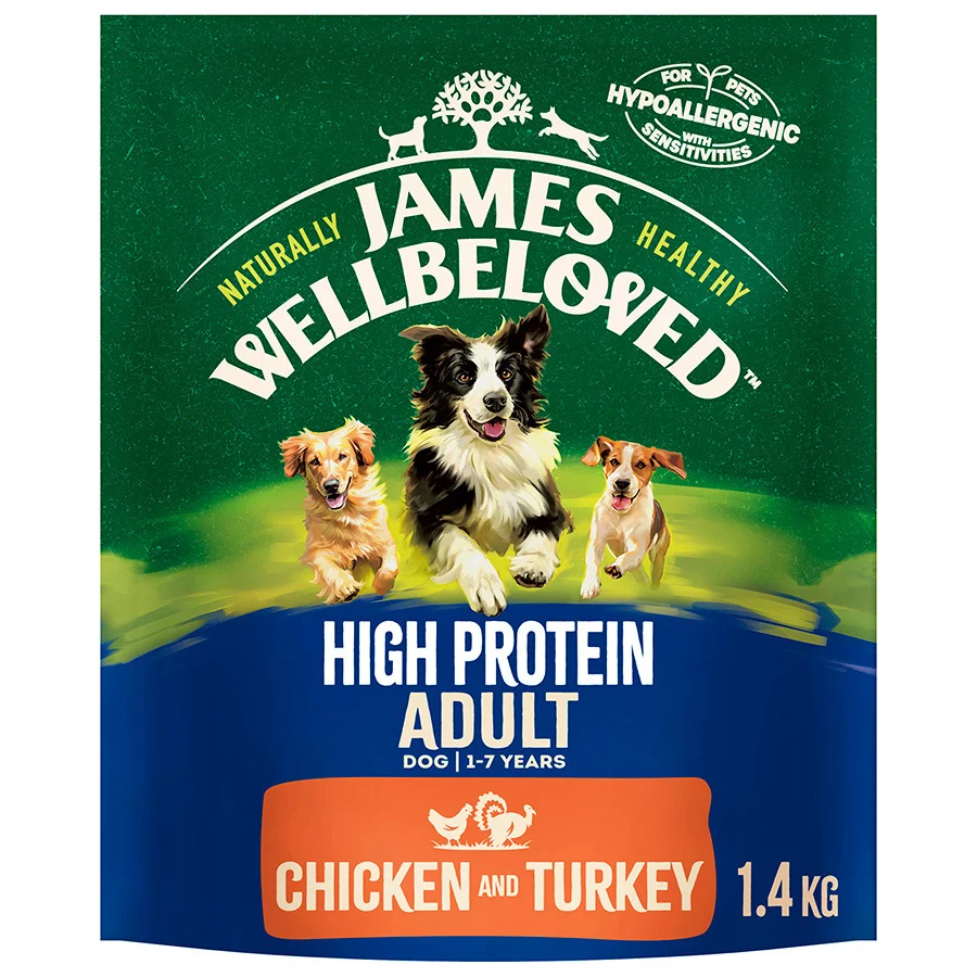 Environmentally Friendly James Wellbeloved High Protein Grain Adult Dry Dog Food Chicken Turkey 1.4kg Recyclable