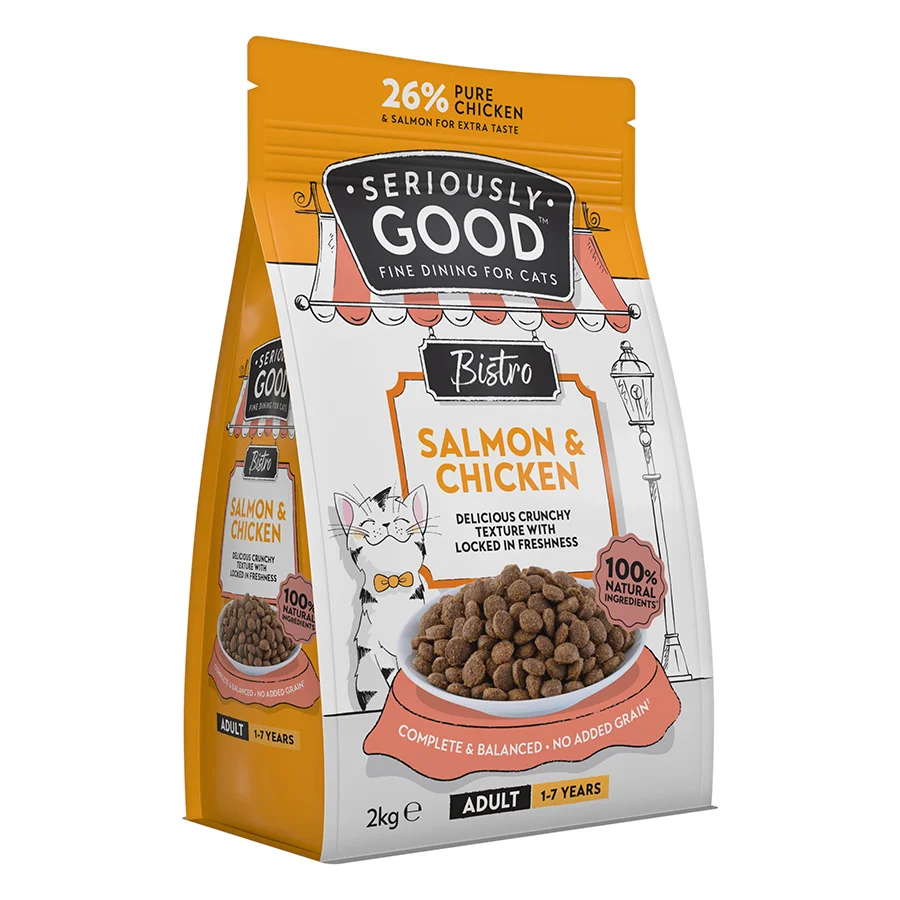 Fashionable Seriously Good Dry Adult Cat Food Salmon Chicken 2kg Recyclable