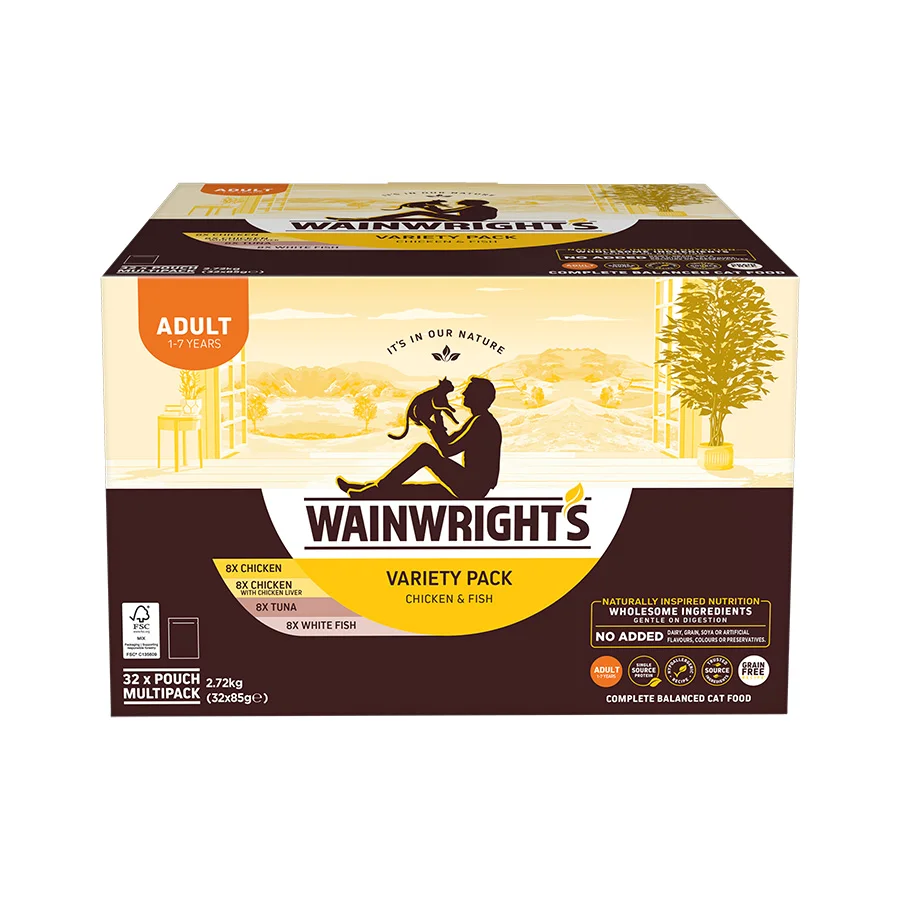 Genuine Wainwright x27 s Grain Wet Adult Cat Food Variety Pack Chicken Fish 32 x 85g Powerful